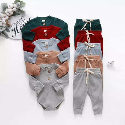 Infant Newborn Baby Girl Boy Spring Autumn Ribbed/Plaid Solid Clothes Sets Long Sleeve Bodysuits + Elastic Pants 2Pcs Outfits