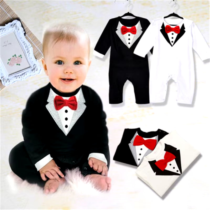 0-24 Months Baby Boys Rompers Long Sleeve Bow Tie Baby Boys Jumpsuit Black White Gentleman Formal Newborn Clothes Playsuit